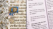Side-by-side comparison of medieval illuminated typography and the Clear Focus Bible's Bionic Reading typography