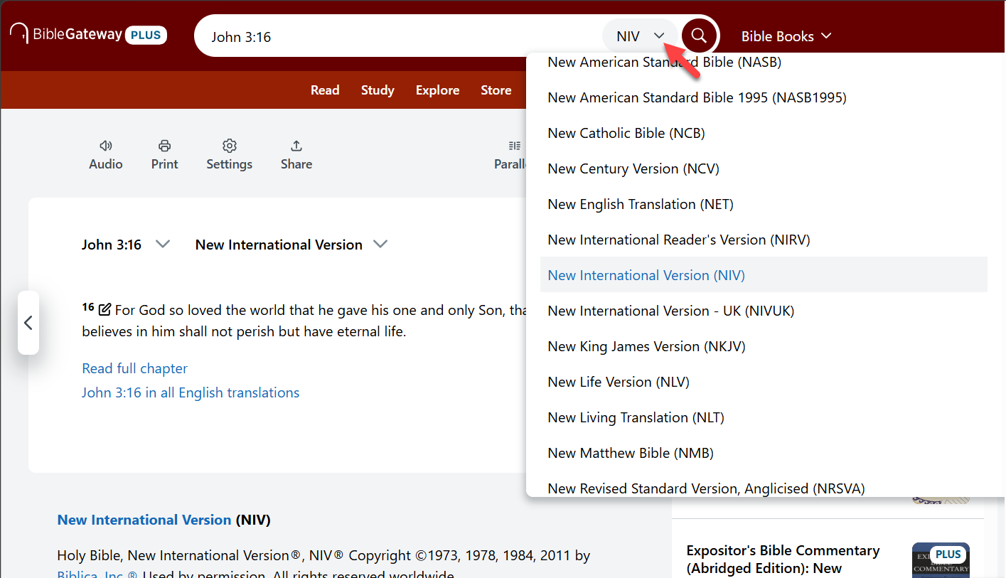 The Bible translation drop-down menu, expanded