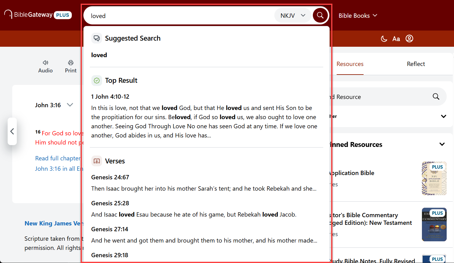 The search bar showing keyword suggestions as you type