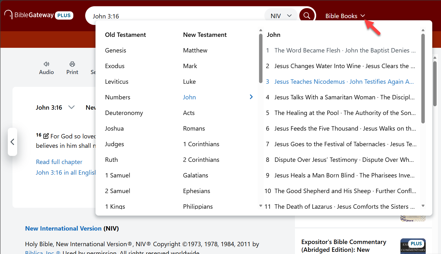 The Bible Books menu, expanded to show the books of the Bible
