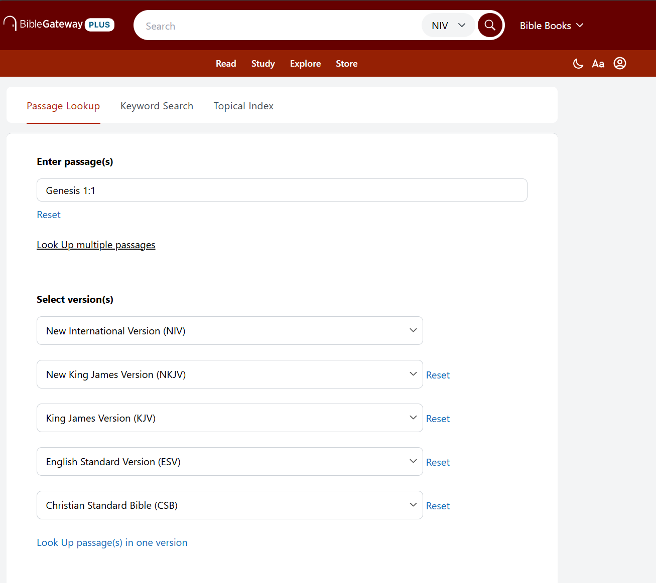 The Passage Lookup form on the Advanced Search page