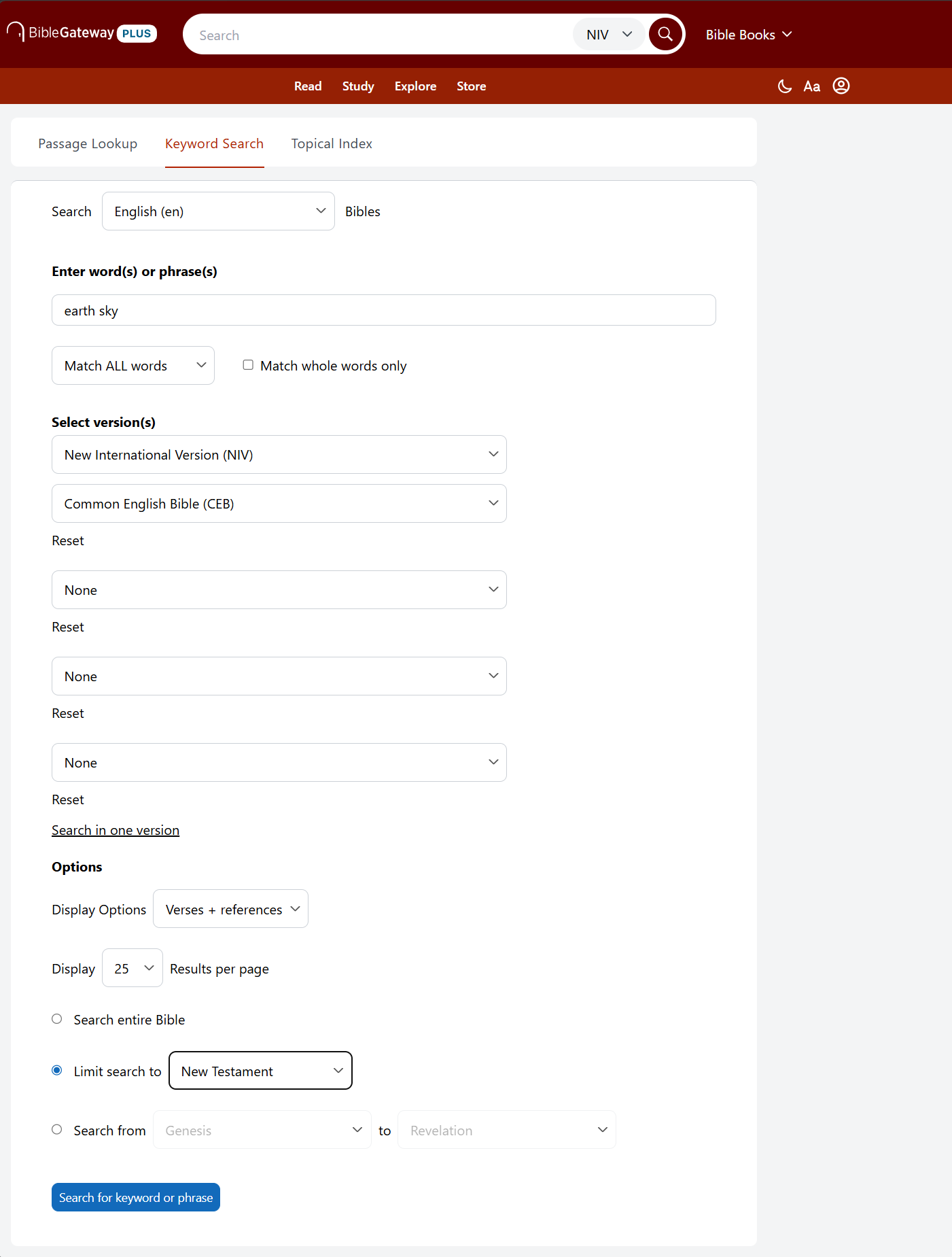 The Keyword Search form with the search range set to the New Testament