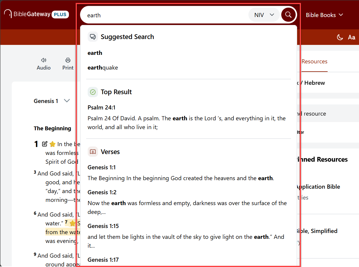 Search suggestions appearing below the search bar as you type