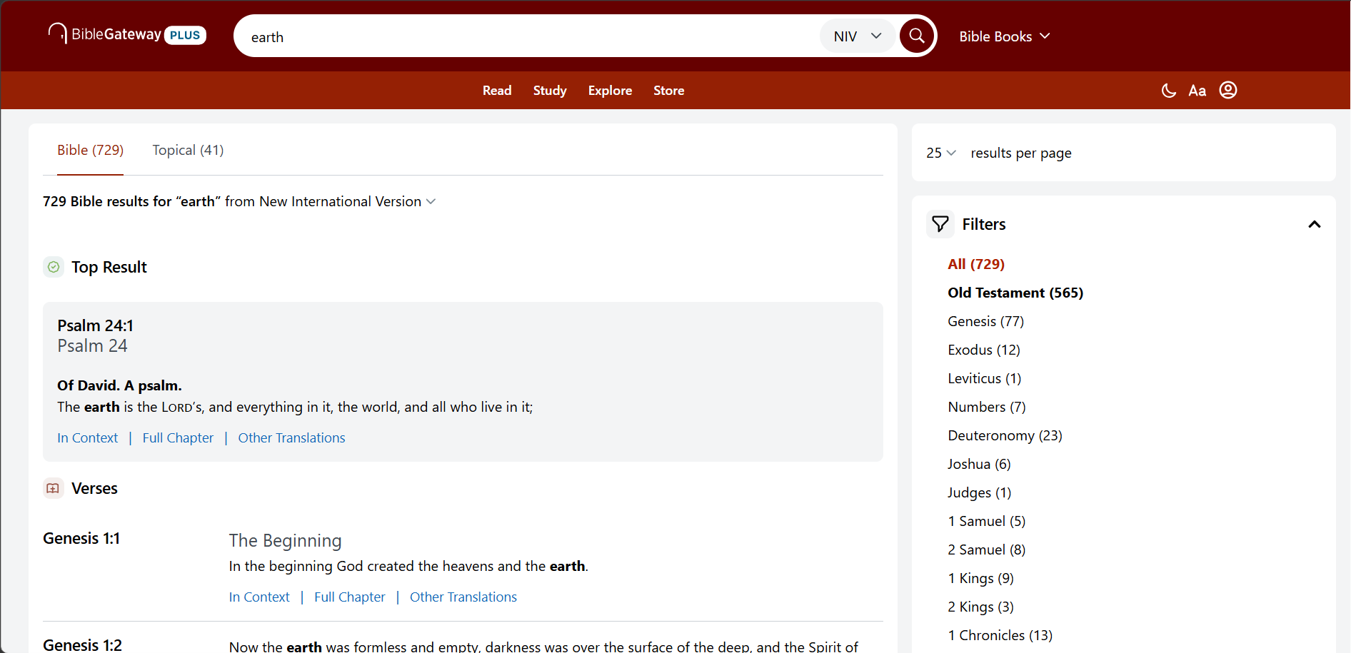Search results page showing occurrences of the word earth