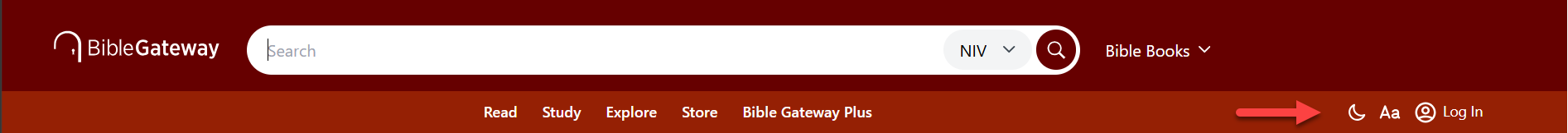 The Bible Gateway header in light mode, with the moon icon visible