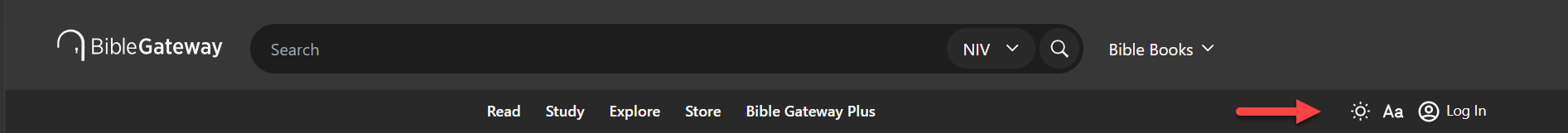 The Bible Gateway header in dark mode, with the sun icon visible