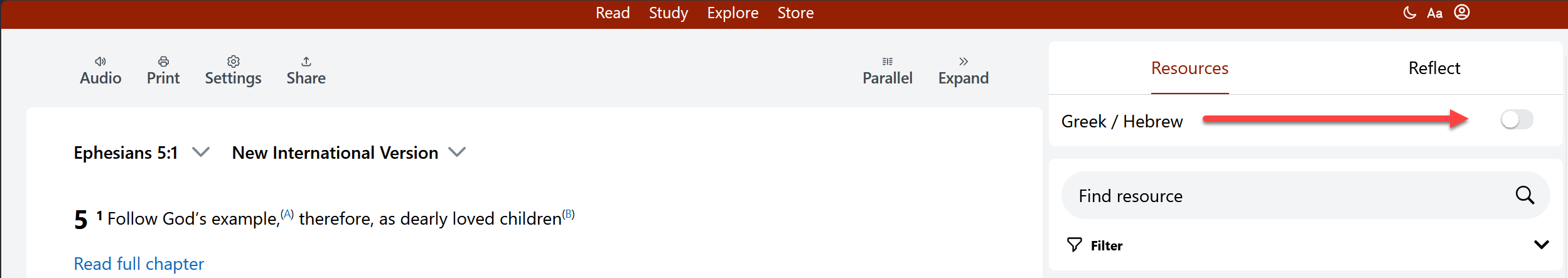 The Greek and Hebrew toggle at the top of the Resources panel