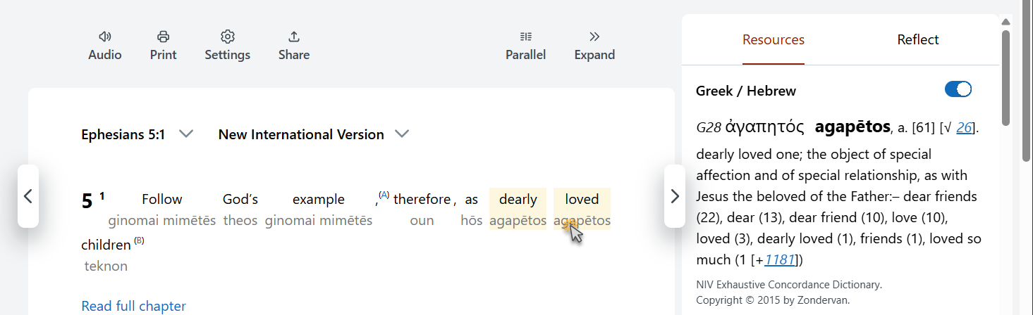 A Greek word definition opened beside the Bible passage