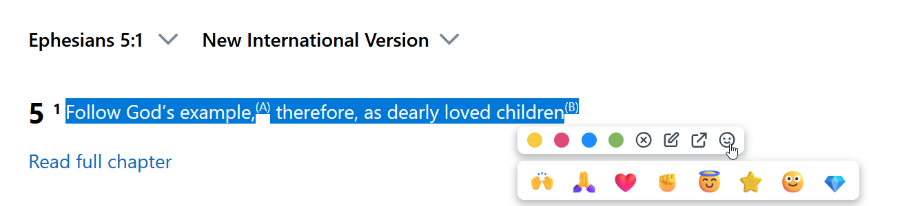 The verse toolbar on a selected verse, showing four highlight colors, a delete icon, a note icon, a share icon, and a smiley face icon that opens the emoji reactions