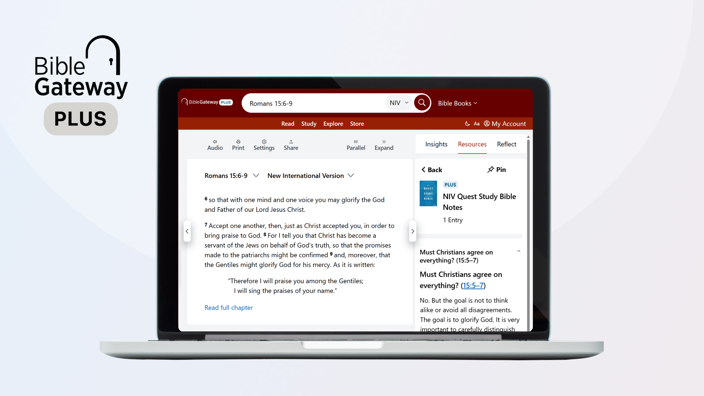 Bible Gateway Plus logged in state, shown here with Romans 15. The NIV Quest Study Bible has an open question and answer to the right of the passage.