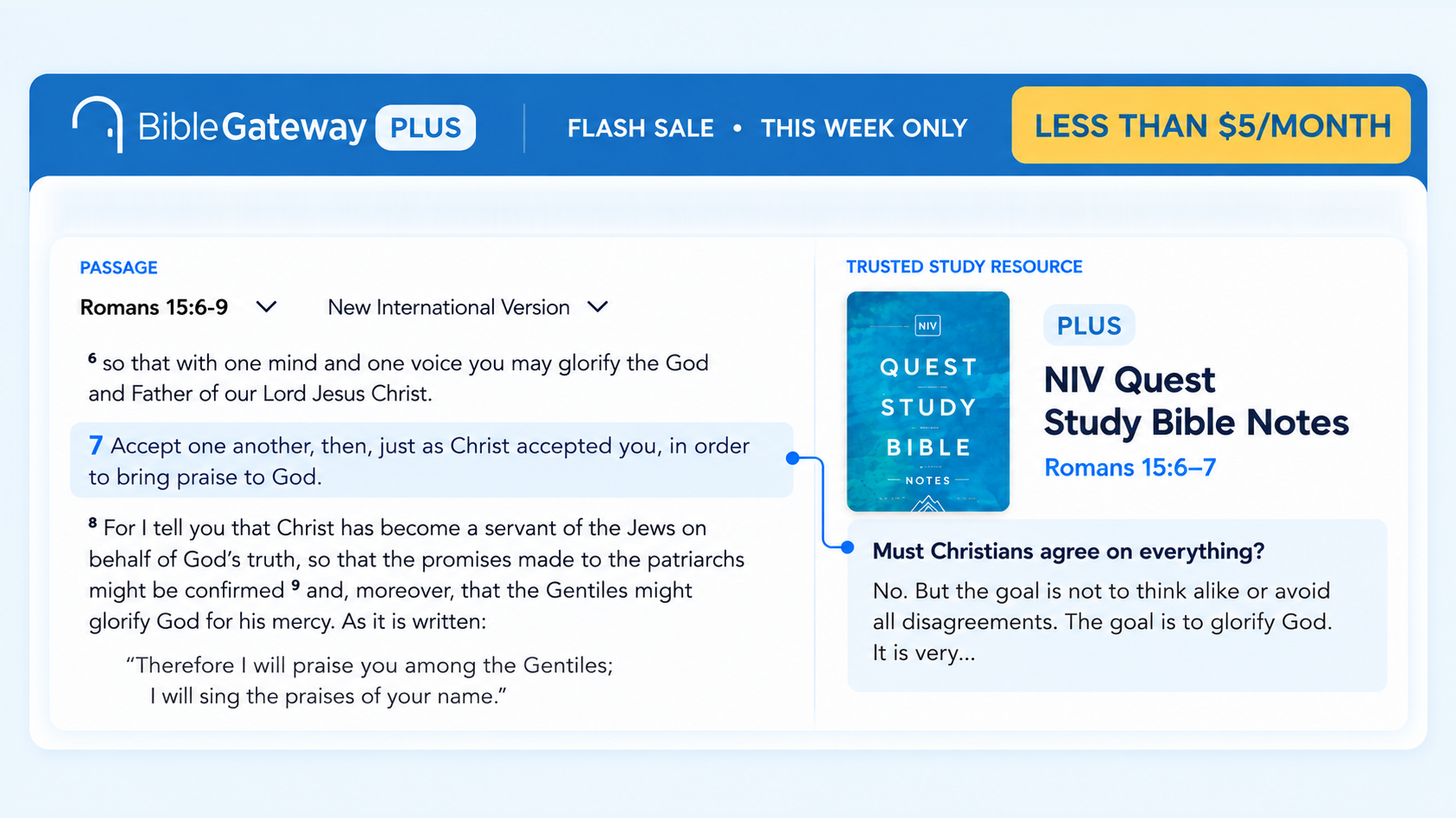 Bible Gateway Plus logged in state, shown here with Romans 15. The NIV Quest Study Bible has an open question and answer to the right of the passage.
